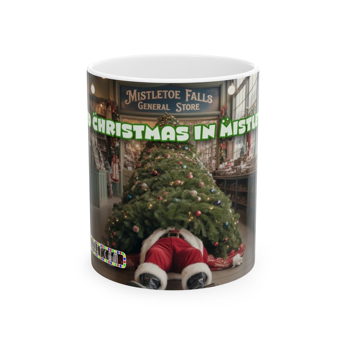 Christmas Mistletoe Falls Ceramic Mug — Humorous Santa Under Tree Holiday Coffee Cup (11oz/15oz)