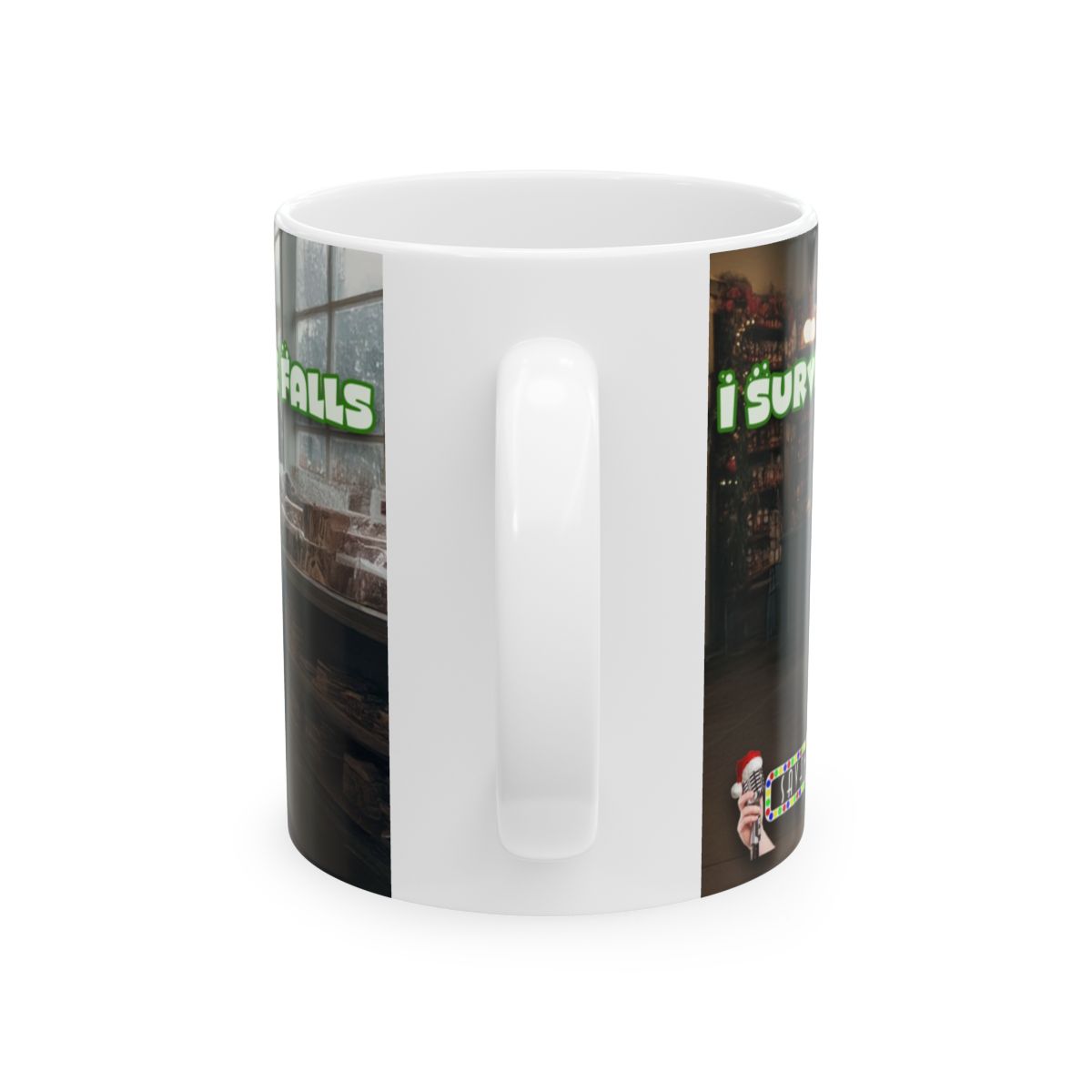 Christmas Mistletoe Falls Ceramic Mug — Humorous Santa Under Tree Holiday Coffee Cup (11oz/15oz) - Image 2