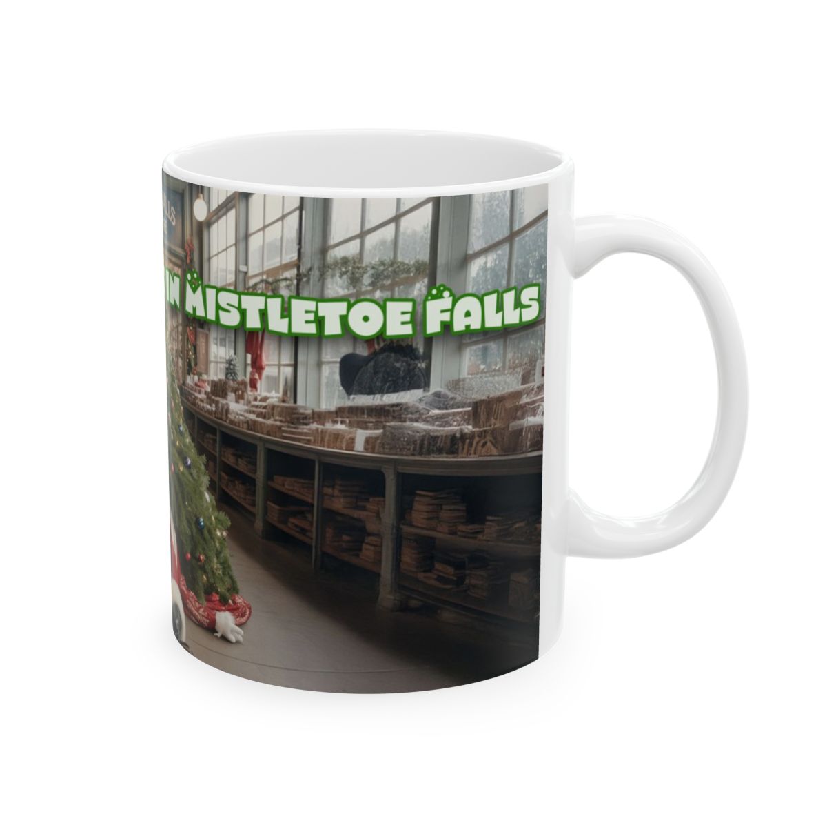 Christmas Mistletoe Falls Ceramic Mug — Humorous Santa Under Tree Holiday Coffee Cup (11oz/15oz) - Image 4