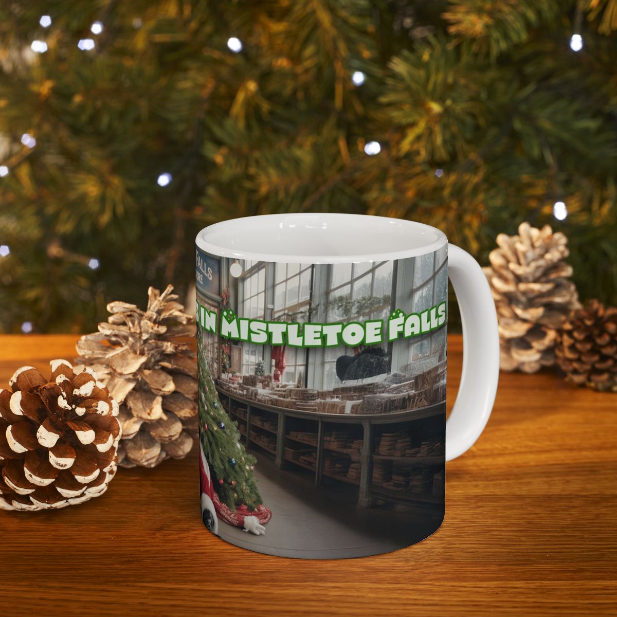 Christmas Mistletoe Falls Ceramic Mug — Humorous Santa Under Tree Holiday Coffee Cup (11oz/15oz) - Image 6